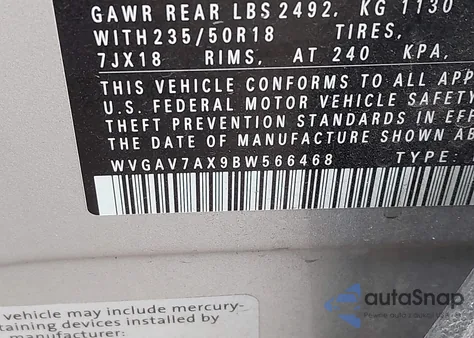 2011 Volkswagen Tiguan Sel из США, поврежденный, VIN WVGAV7AX9BW566468